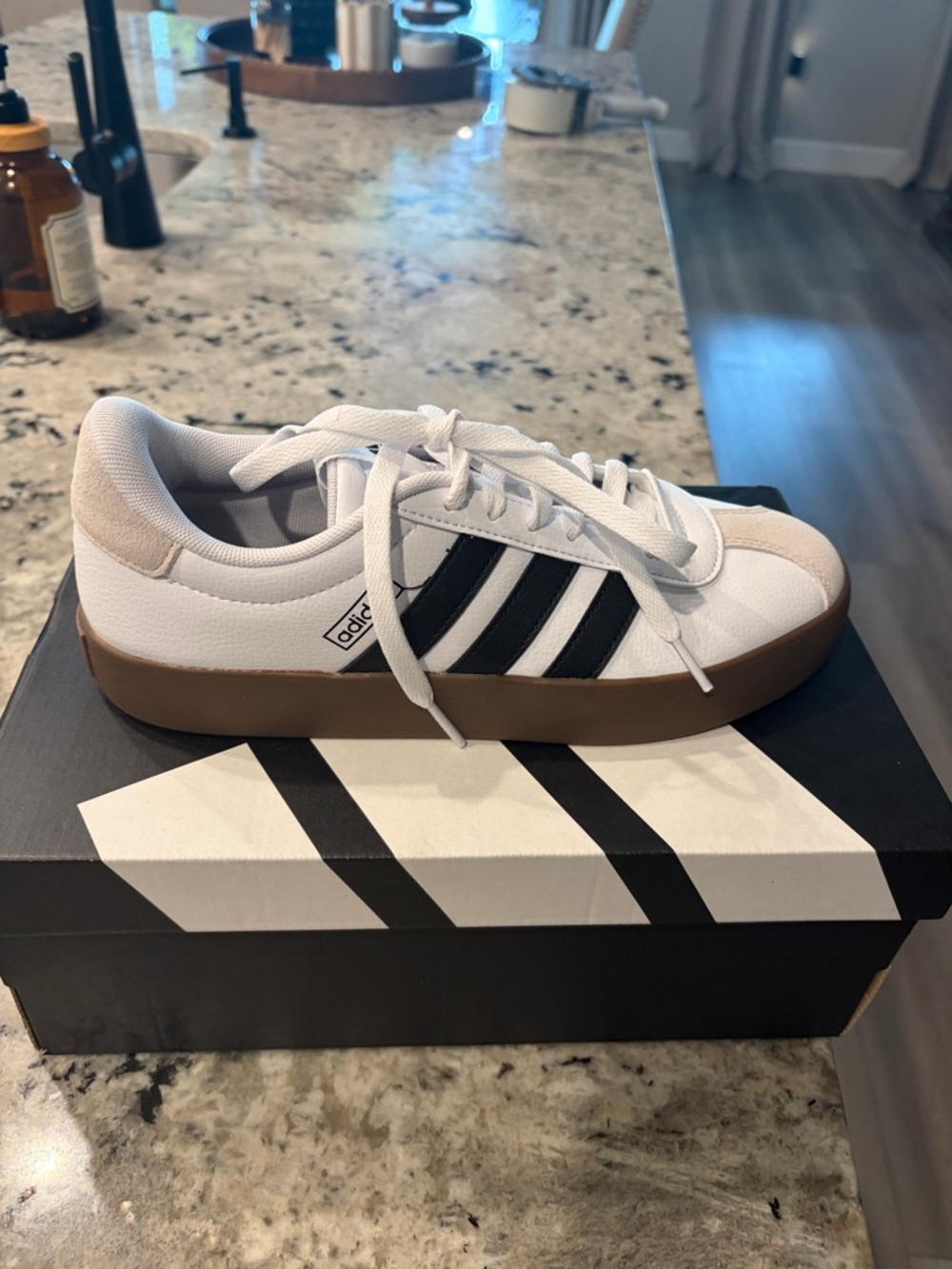 adidas White Sneakers with Black Stripes and Gum Brown Sole